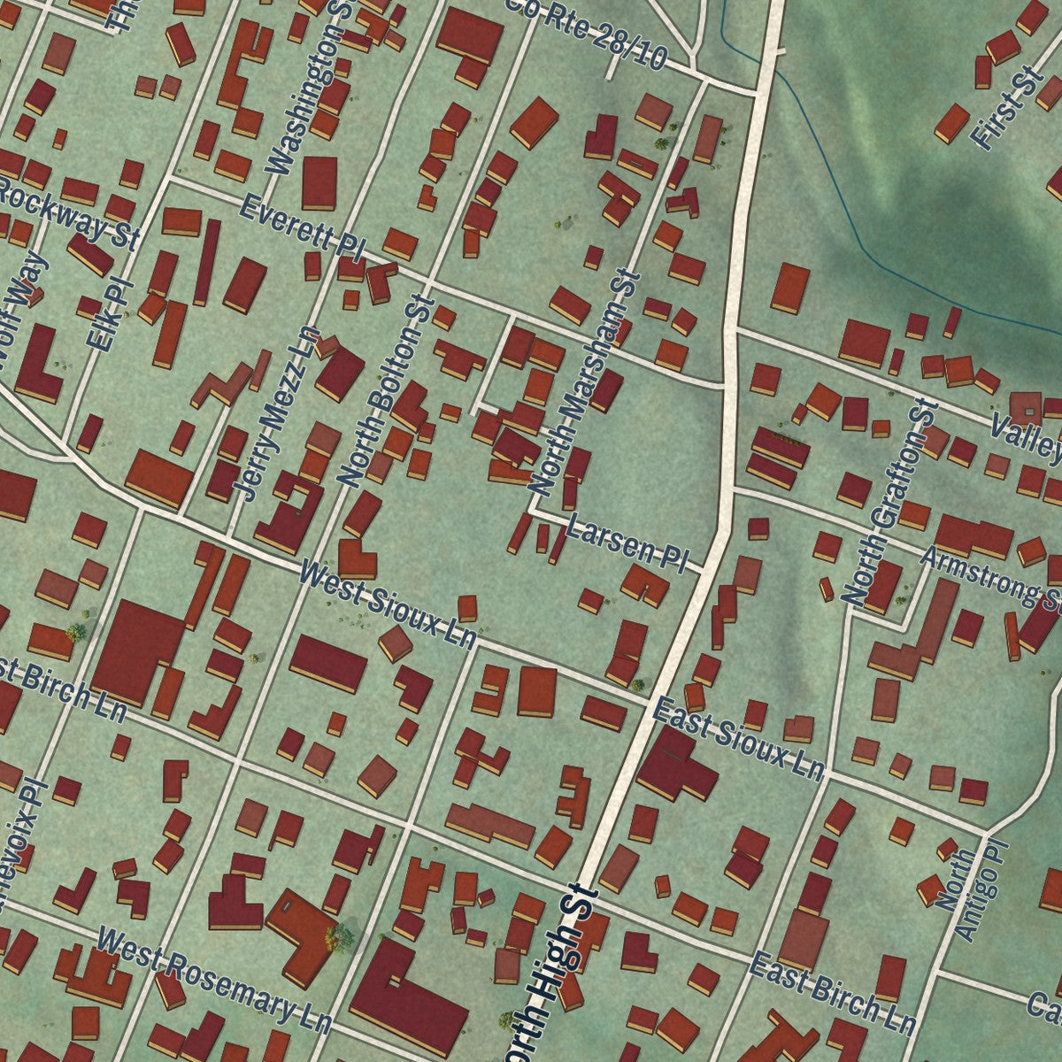 Close-up of the map of Romney, West Virginia print showing street and building detail