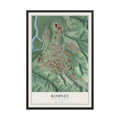 Map of Romney, West Virginia, 12 x 18 inch print in a black wood frame