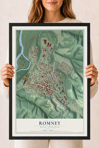 Map of Romney, West Virginia, 18 x 24 inch print in a black wood frame
