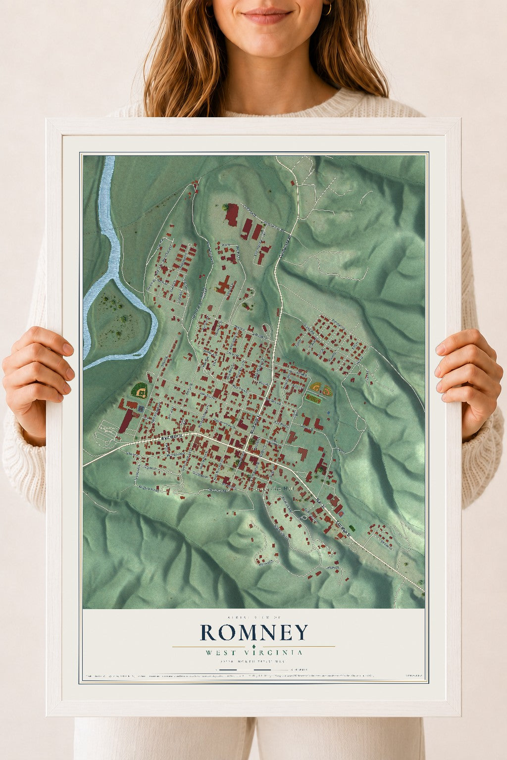 Map of Romney, West Virginia, 18 x 24 inch print in a white wood frame