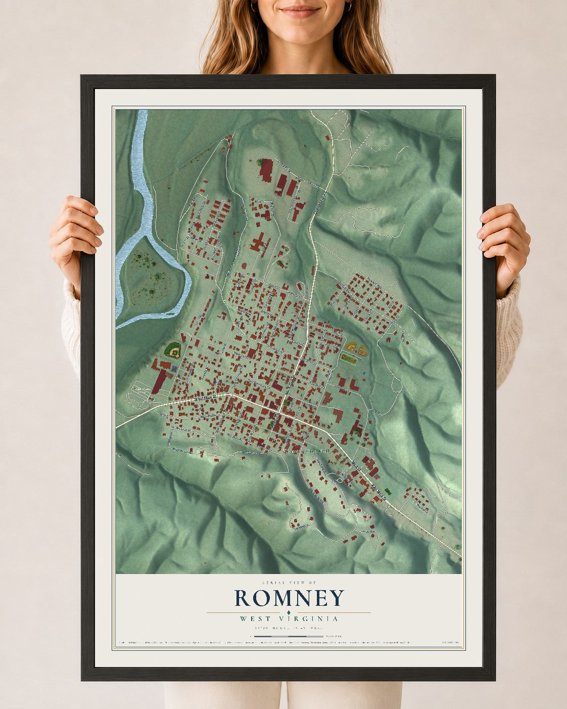 Map of Romney, West Virginia, 24 x 36 inch print in a black wood frame