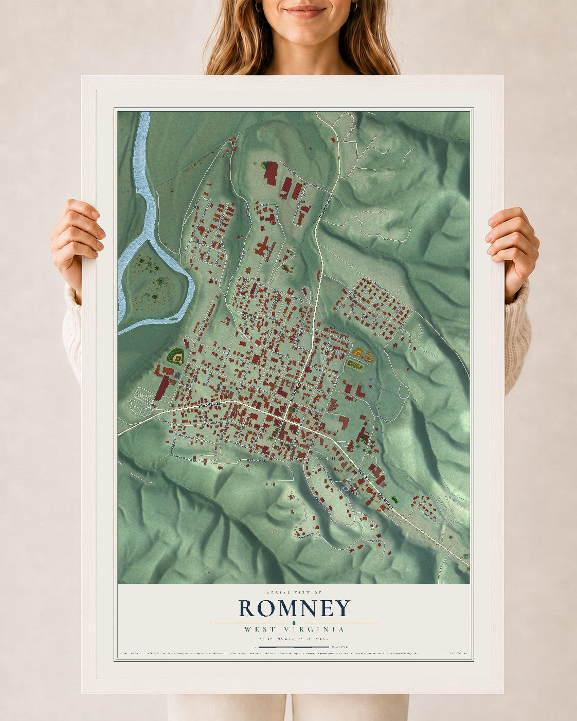 Map of Romney, West Virginia, 24 x 36 inch print in a white wood frame