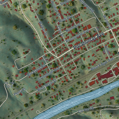 Close-up of the map of Ronceverte, West Virginia print showing street and building detail