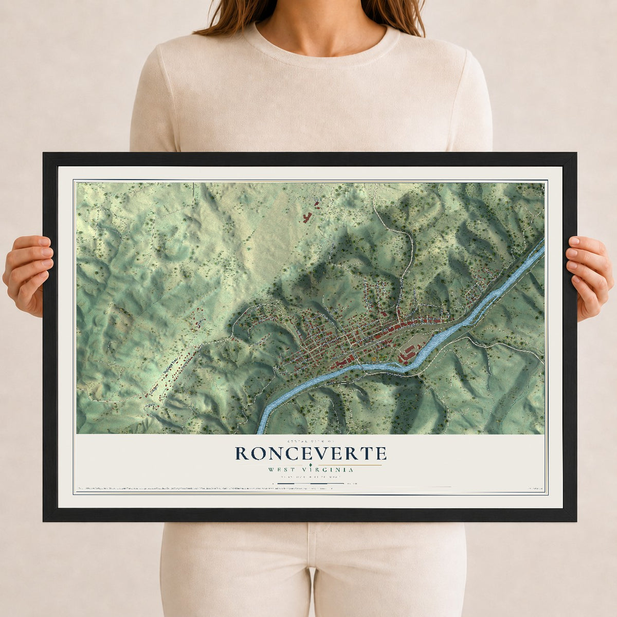 Map of Ronceverte, West Virginia, 12 x 18 inch print in a black wood frame