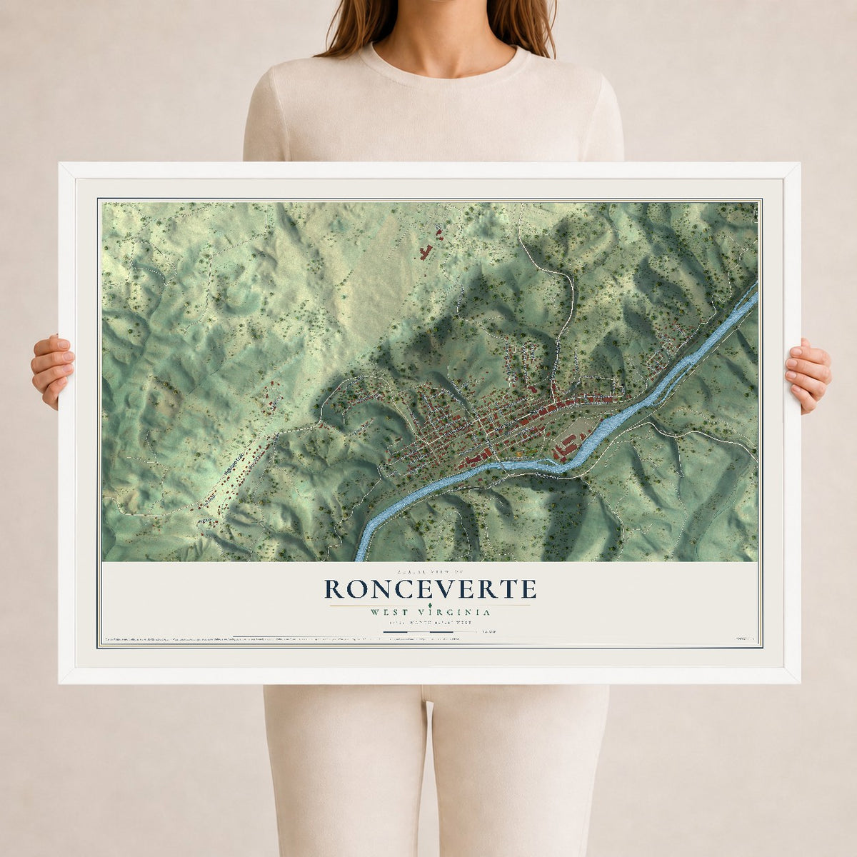 Map of Ronceverte, West Virginia, 24 x 36 inch print in a white wood frame