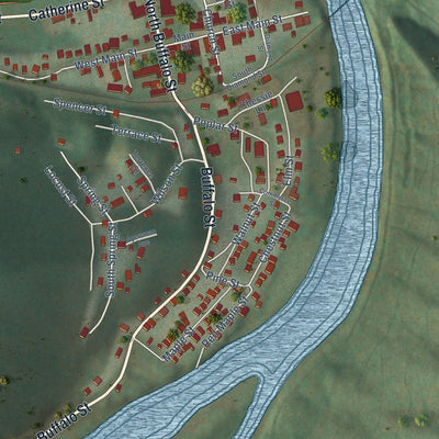 Close-up of the map of Rowlesburg, West Virginia print showing street and building detail
