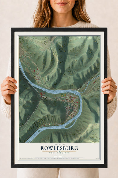 Map of Rowlesburg, West Virginia, 18 x 24 inch print in a black wood frame