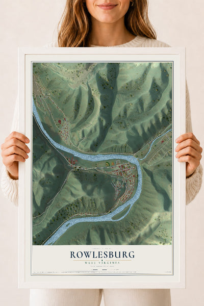 Map of Rowlesburg, West Virginia, 18 x 24 inch print in a white wood frame