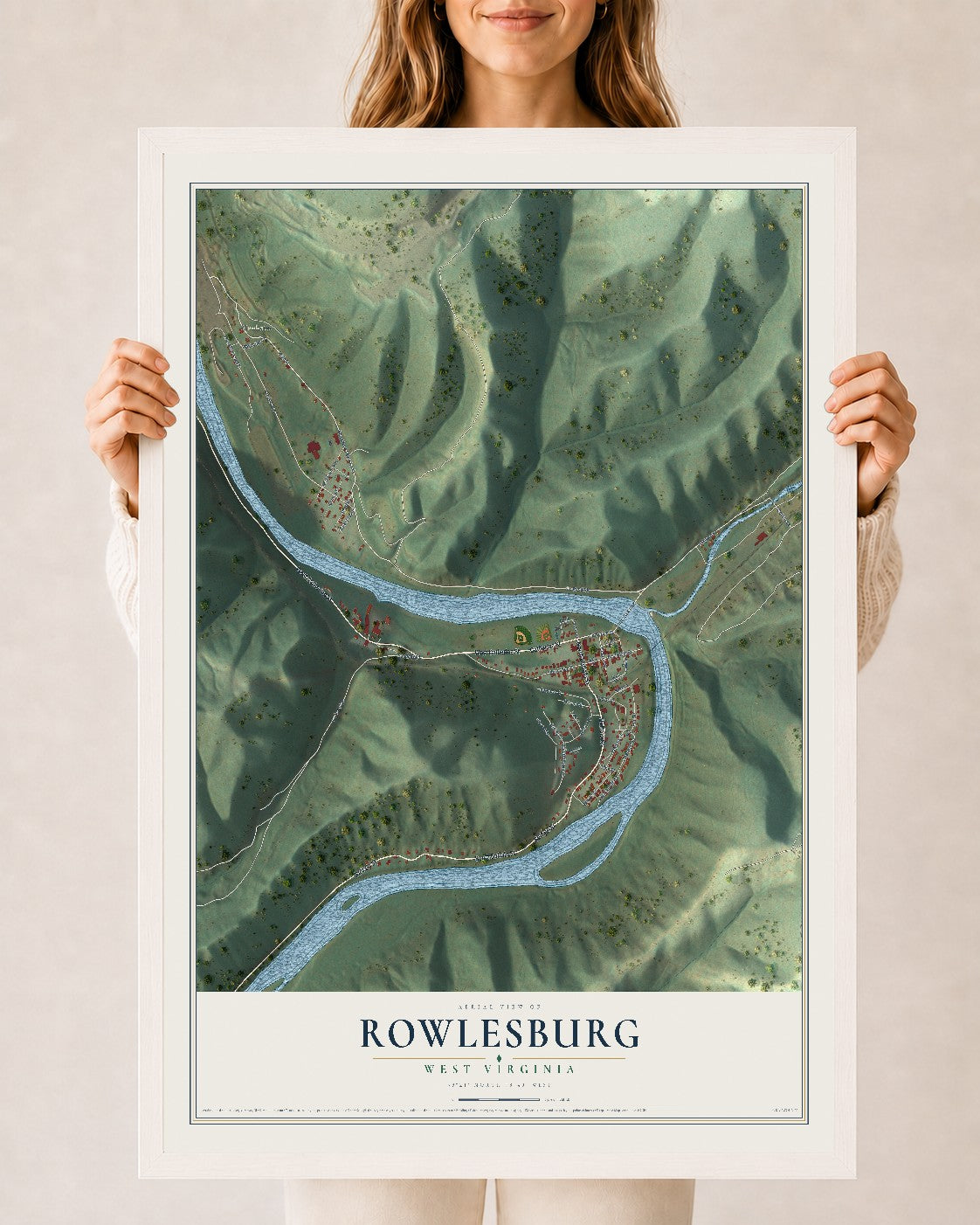 Map of Rowlesburg, West Virginia, 24 x 36 inch print in a white wood frame