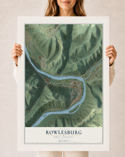 Map of Rowlesburg, West Virginia, 24 x 36 inch print in a white wood frame