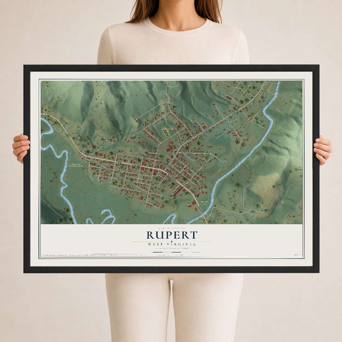 Map of Rupert, West Virginia, 24 x 36 inch print in a black wood frame