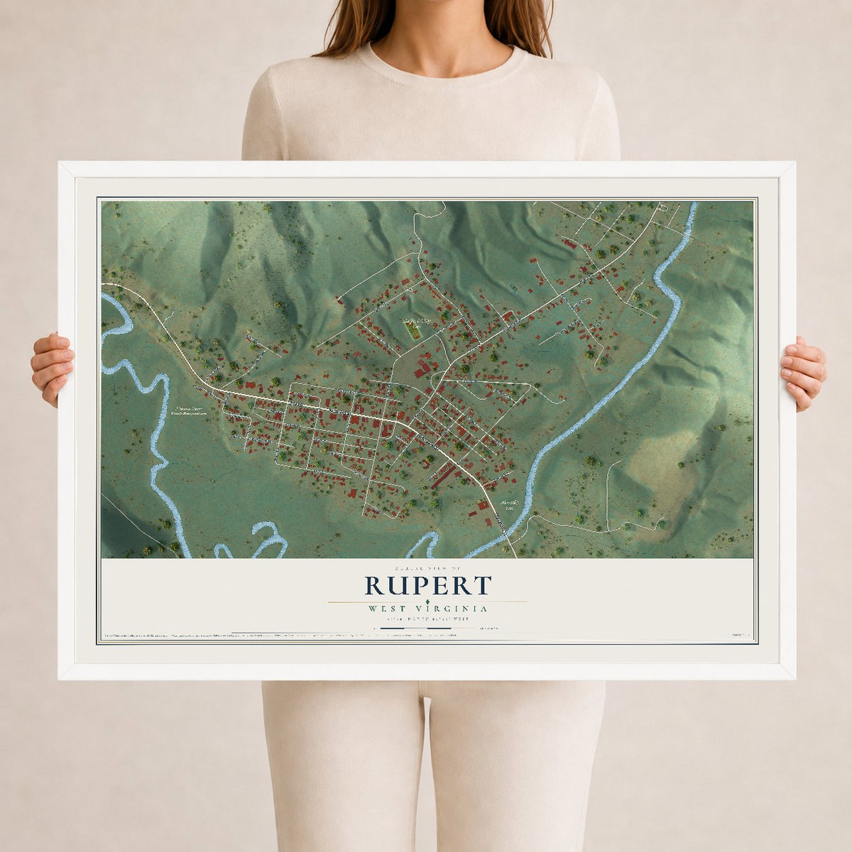 Map of Rupert, West Virginia, 24 x 36 inch print in a white wood frame