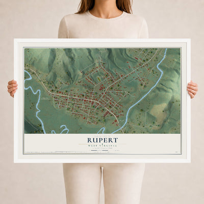 Map of Rupert, West Virginia, 24 x 36 inch print in a white wood frame