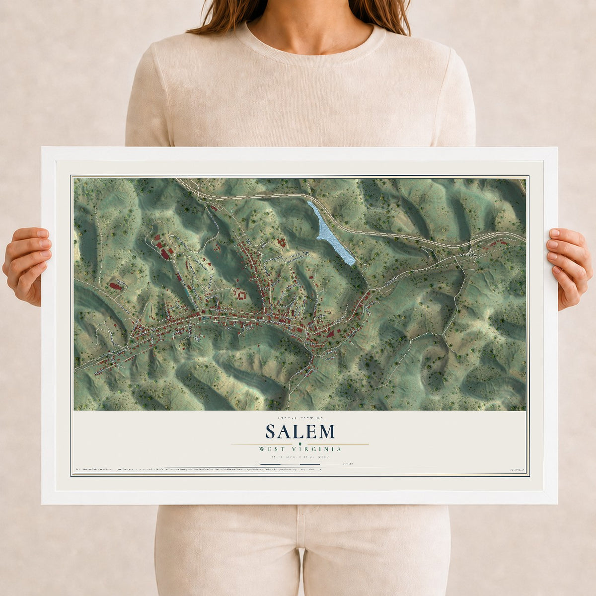 Map of Salem, West Virginia, 12 x 18 inch print in a white wood frame