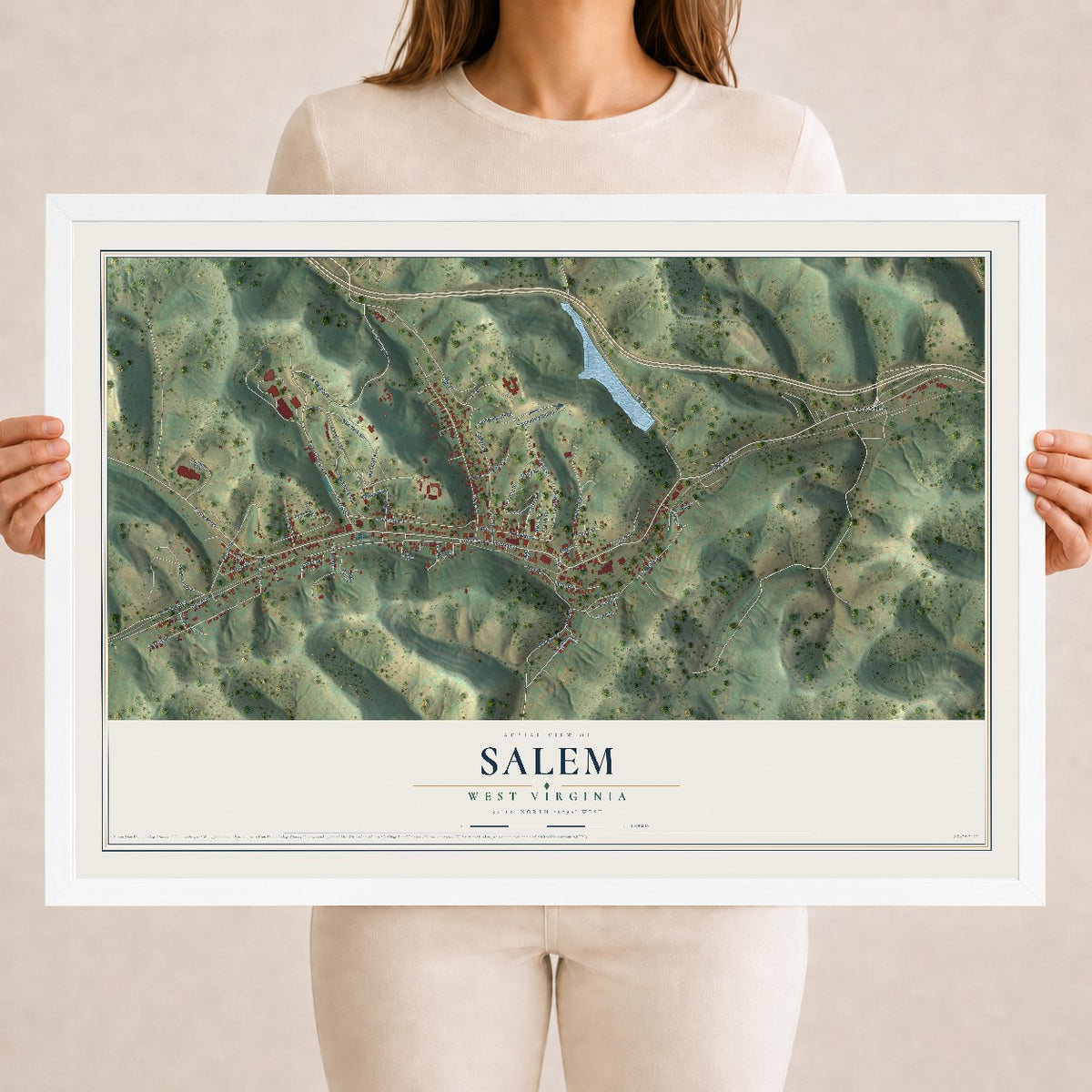 Map of Salem, West Virginia, 18 x 24 inch print in a white wood frame