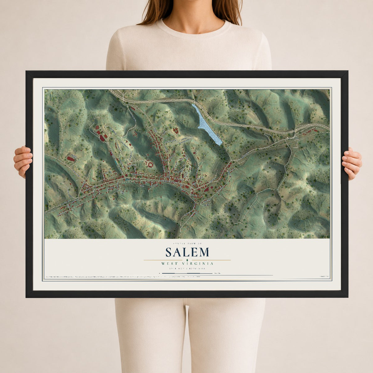 Map of Salem, West Virginia, 24 x 36 inch print in a black wood frame