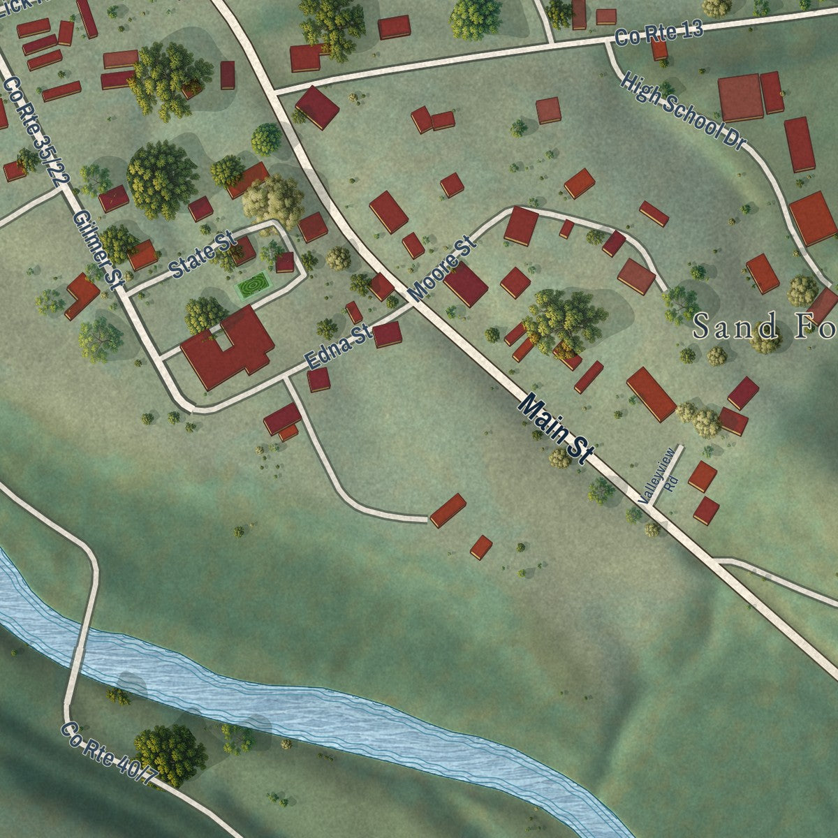 Close-up of the map of Sand Fork, West Virginia print showing street and building detail