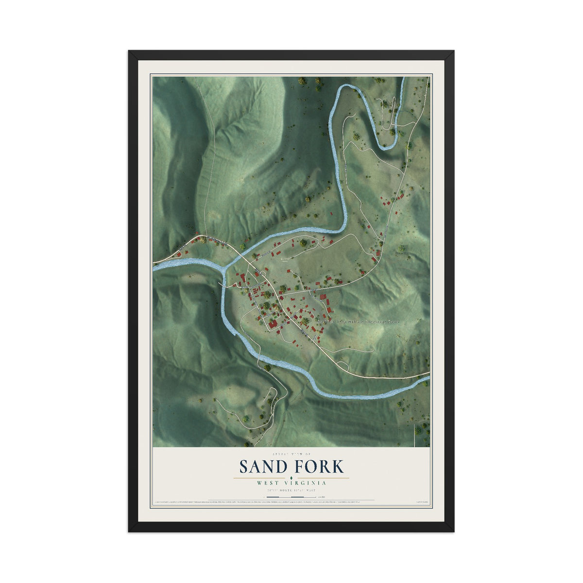 Map of Sand Fork, West Virginia, 12 x 18 inch print in a black wood frame