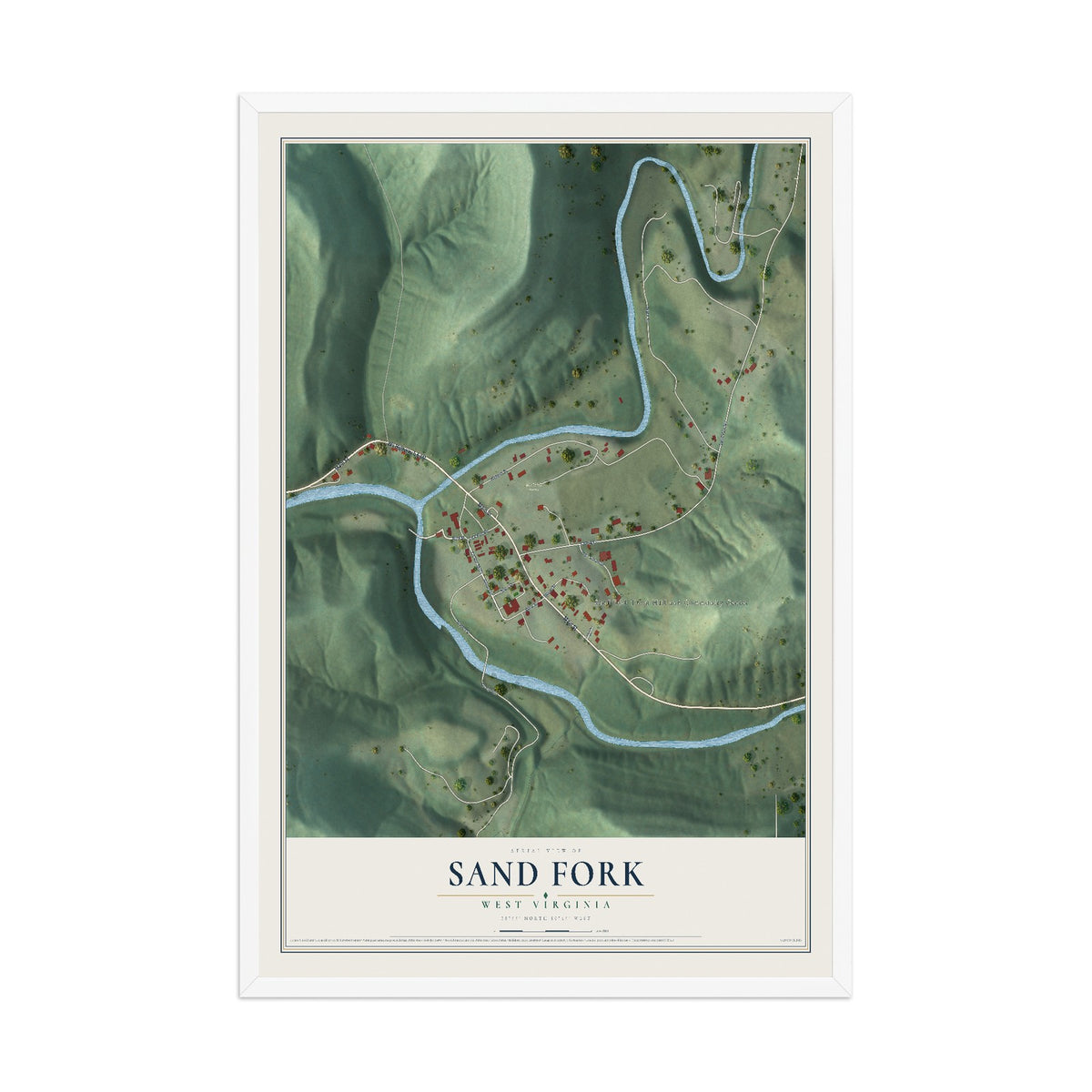 Map of Sand Fork, West Virginia, 12 x 18 inch print in a white wood frame