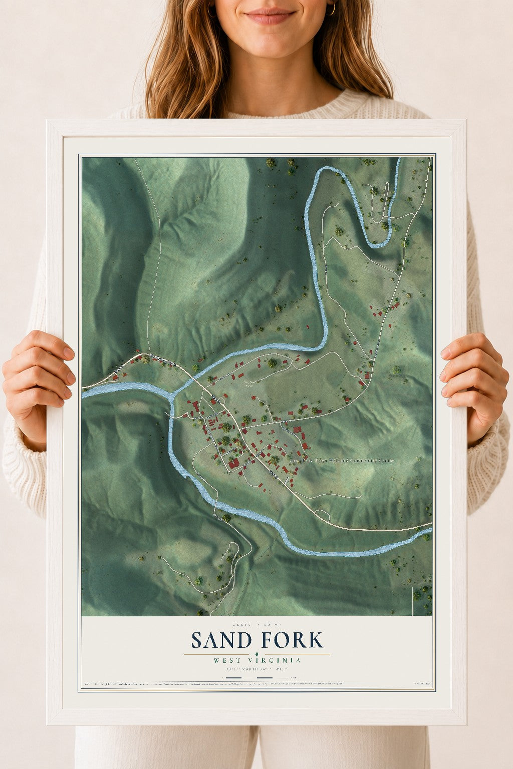 Map of Sand Fork, West Virginia, 18 x 24 inch print in a white wood frame