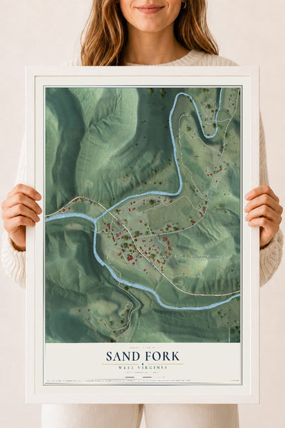 Map of Sand Fork, West Virginia, 18 x 24 inch print in a white wood frame
