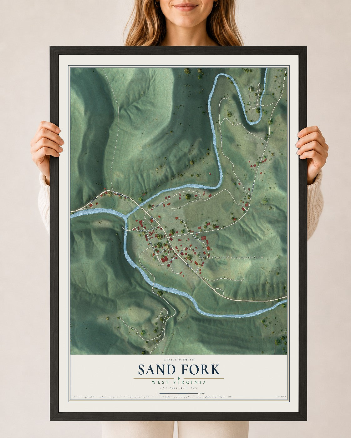 Map of Sand Fork, West Virginia, 24 x 36 inch print in a black wood frame