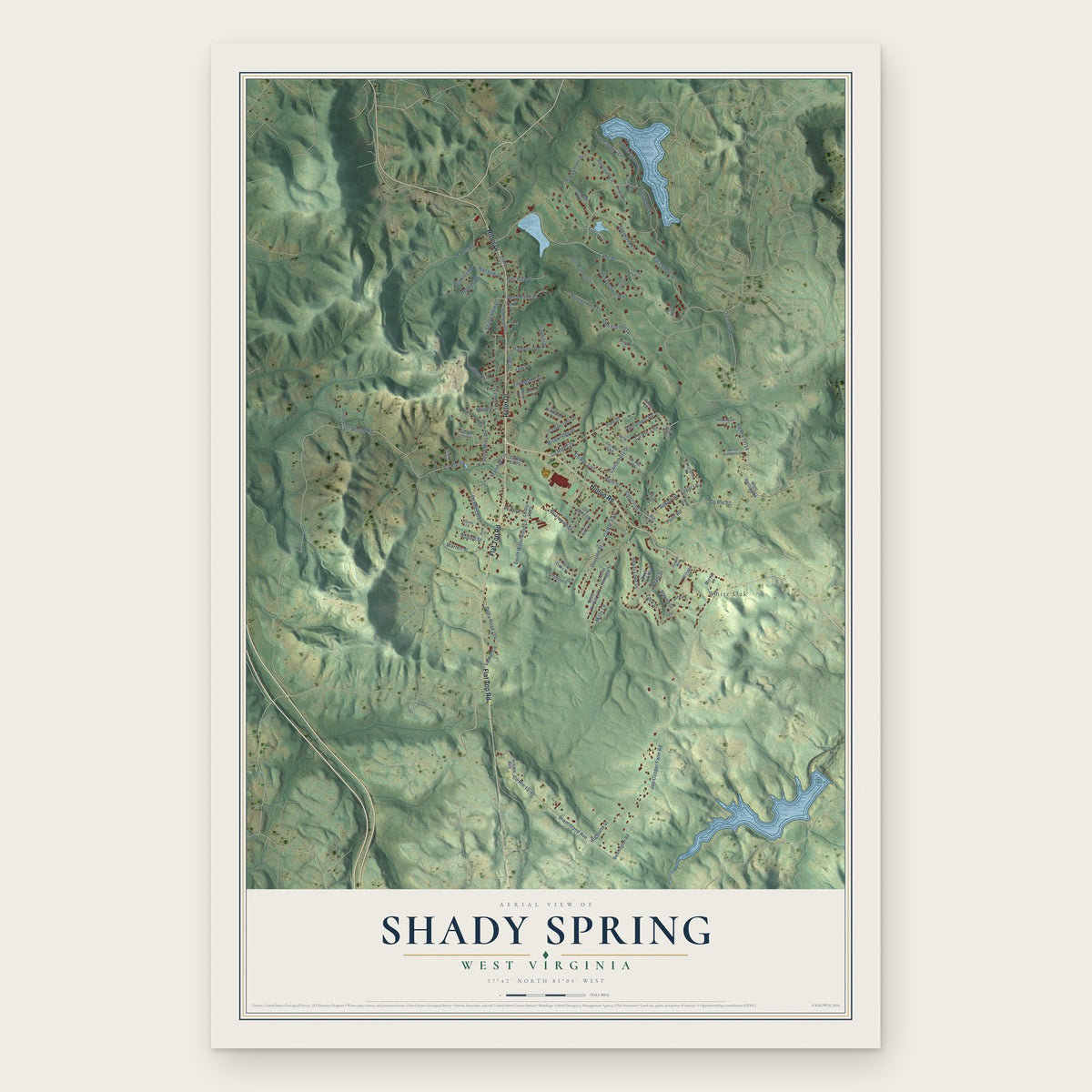 Shady Spring, West Virginia map print, the full design