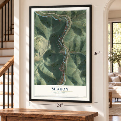 Sharon, West Virginia map, 24 x 36 inch print in a black frame by a staircase
