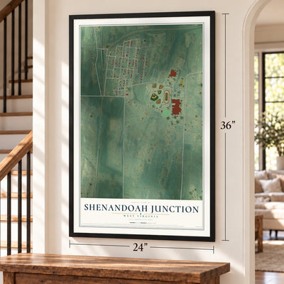 Shenandoah Junction, West Virginia map, 24 x 36 inch print in a black frame by a staircase
