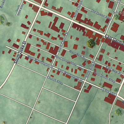 Close-up of the map of Shepherdstown, West Virginia print showing street and building detail