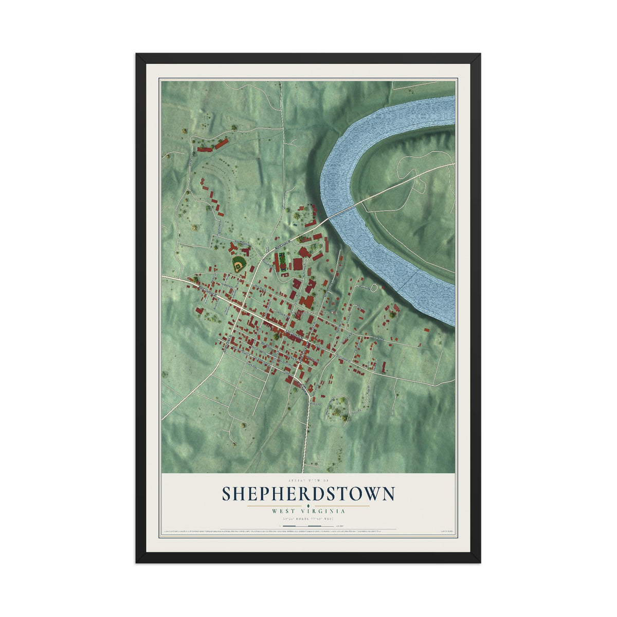 Map of Shepherdstown, West Virginia, 12 x 18 inch print in a black wood frame