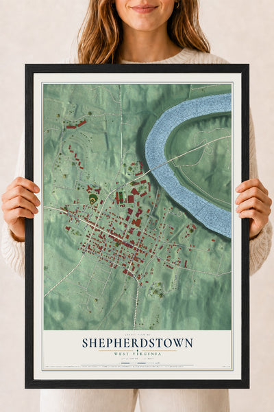 Map of Shepherdstown, West Virginia, 18 x 24 inch print in a black wood frame