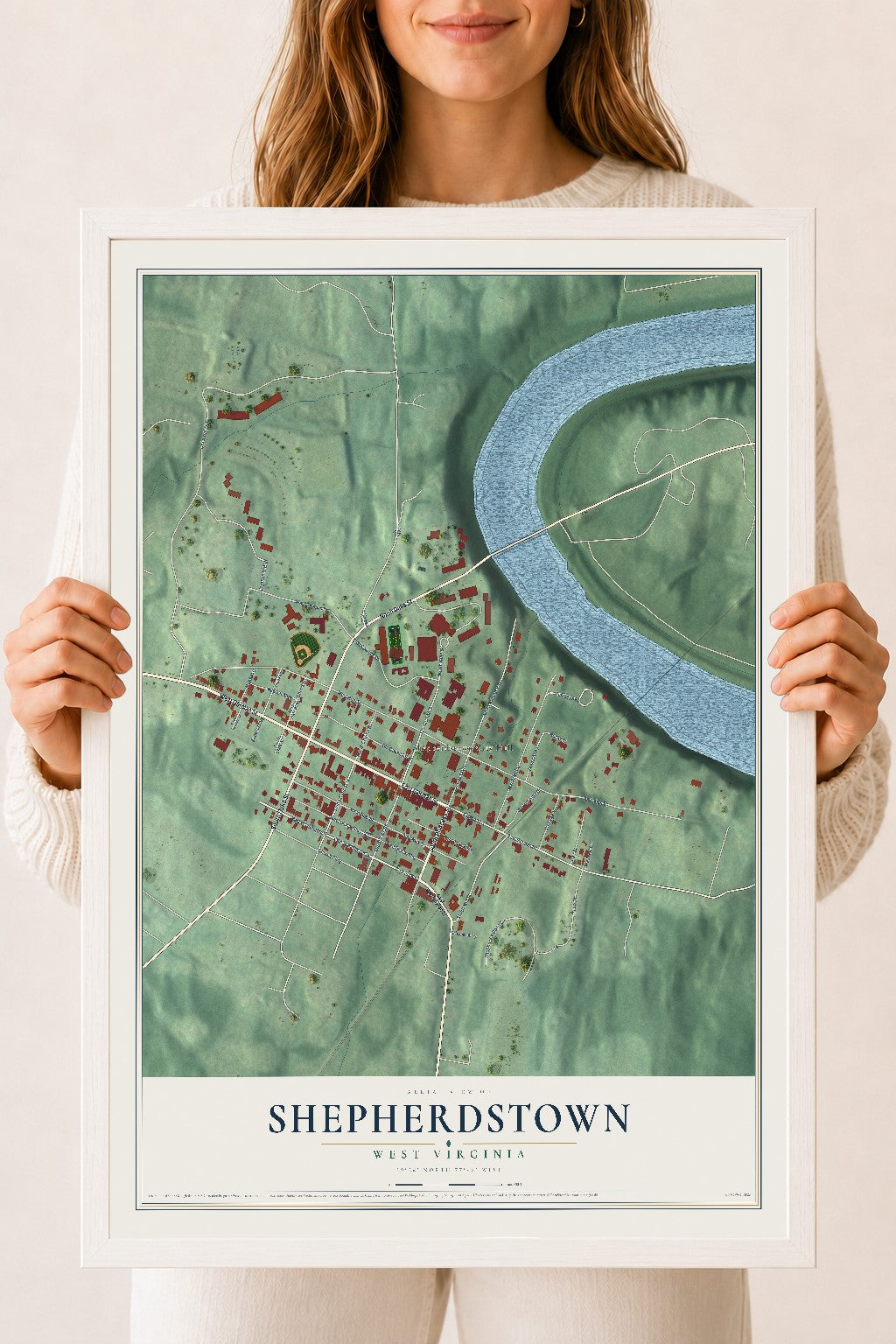 Map of Shepherdstown, West Virginia, 18 x 24 inch print in a white wood frame