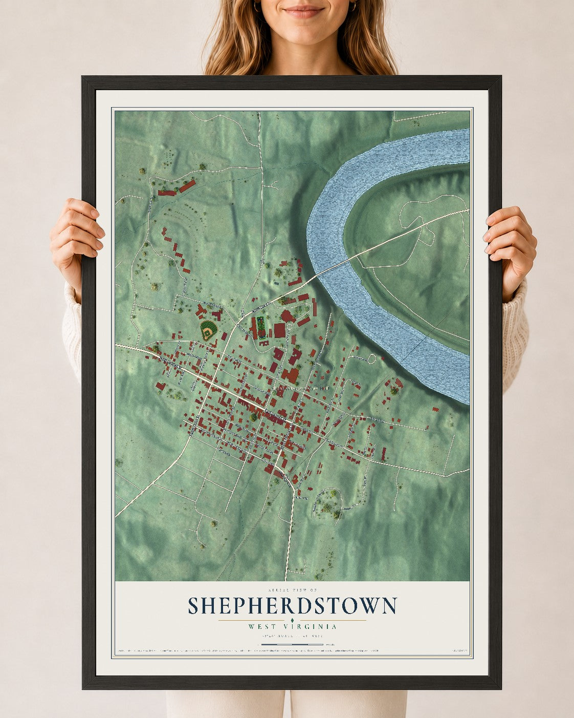 Map of Shepherdstown, West Virginia, 24 x 36 inch print in a black wood frame