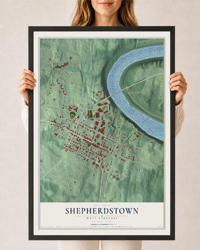 Map of Shepherdstown, West Virginia, 24 x 36 inch print in a black wood frame
