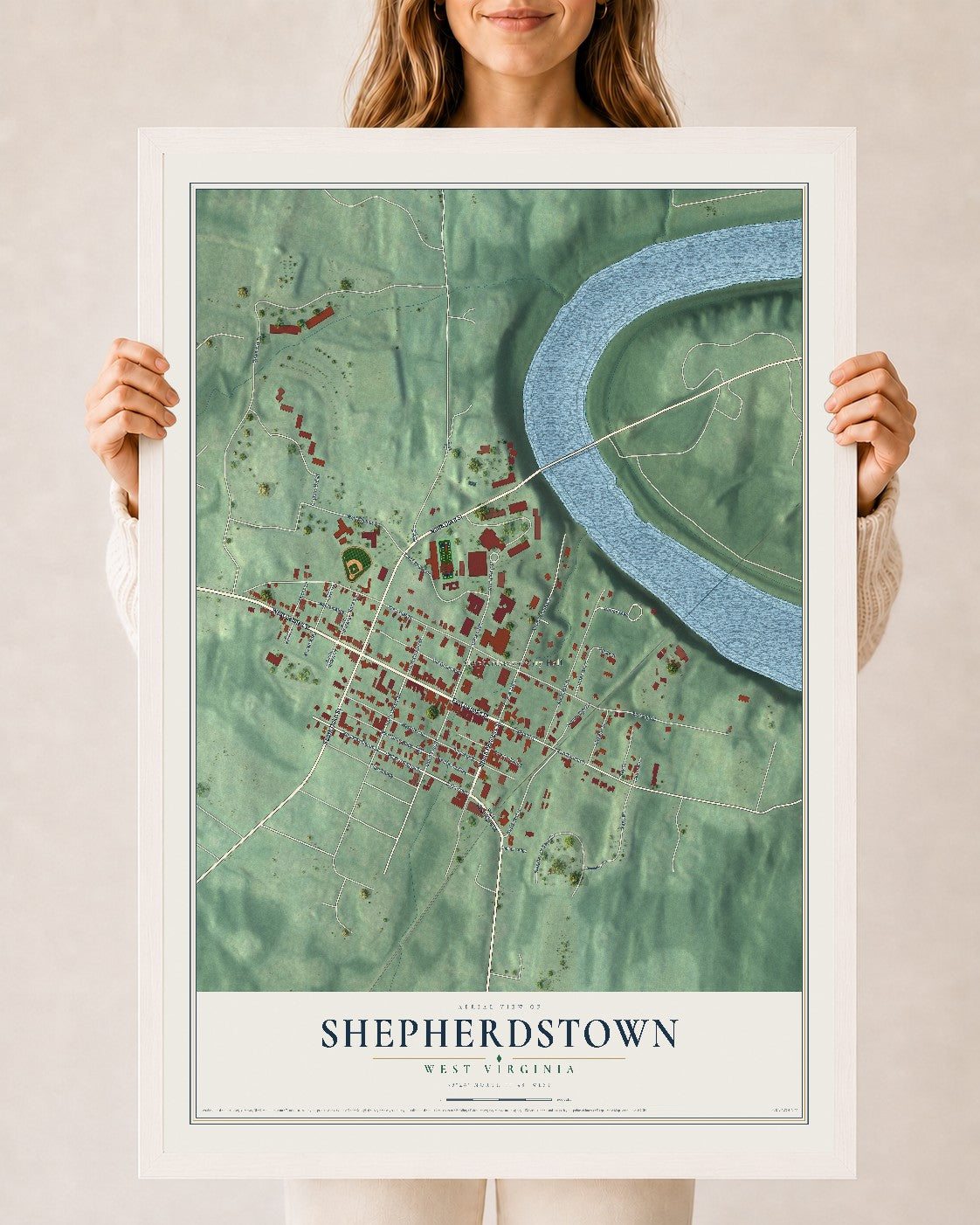 Map of Shepherdstown, West Virginia, 24 x 36 inch print in a white wood frame