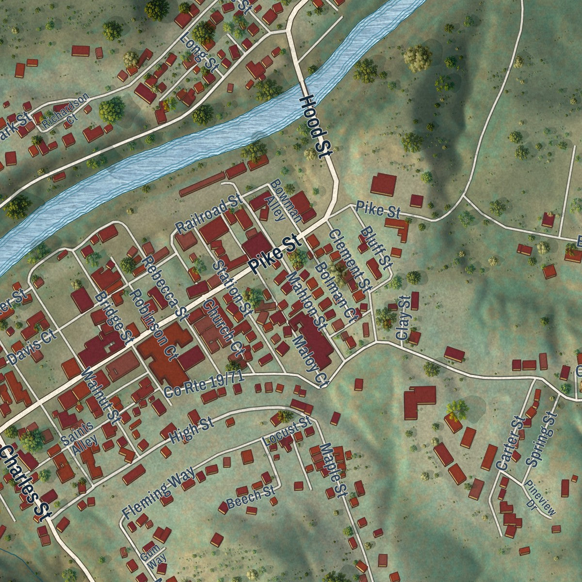 Close-up of the map of Shinnston, West Virginia print showing street and building detail