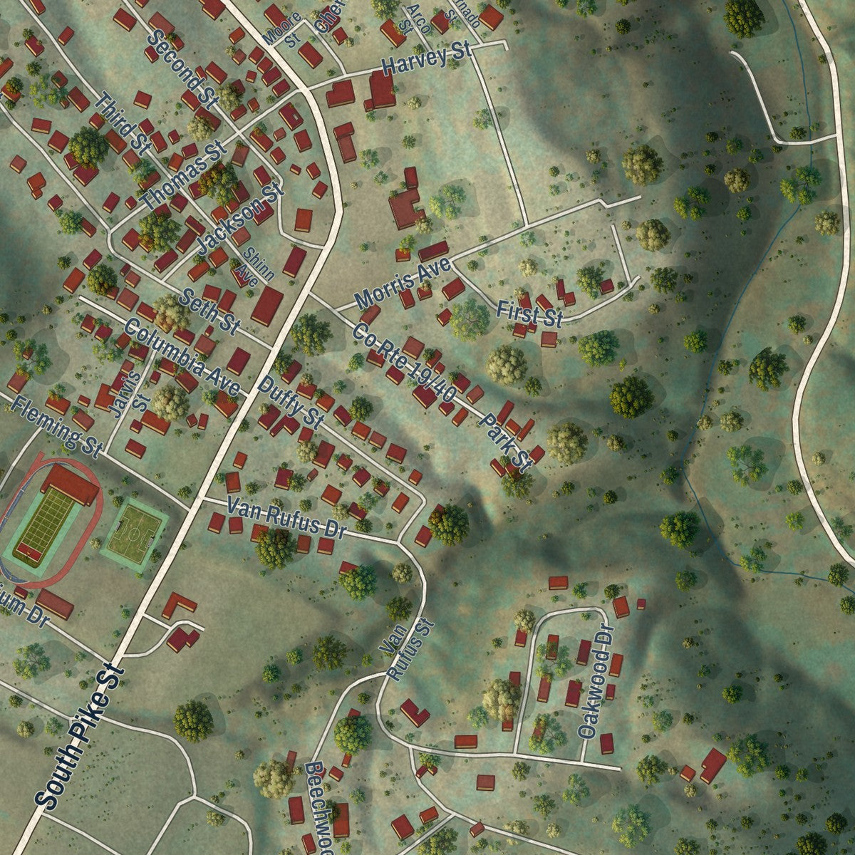 Second close-up of the map of Shinnston, West Virginia print showing more streets and buildings