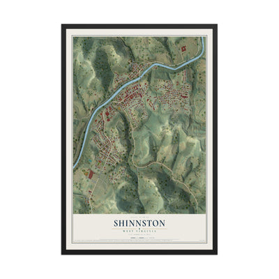 Map of Shinnston, West Virginia, 12 x 18 inch print in a black wood frame