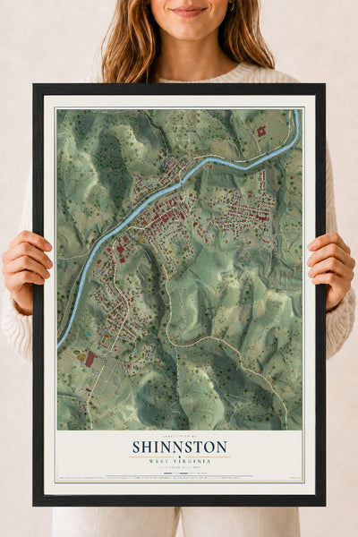 Map of Shinnston, West Virginia, 18 x 24 inch print in a black wood frame