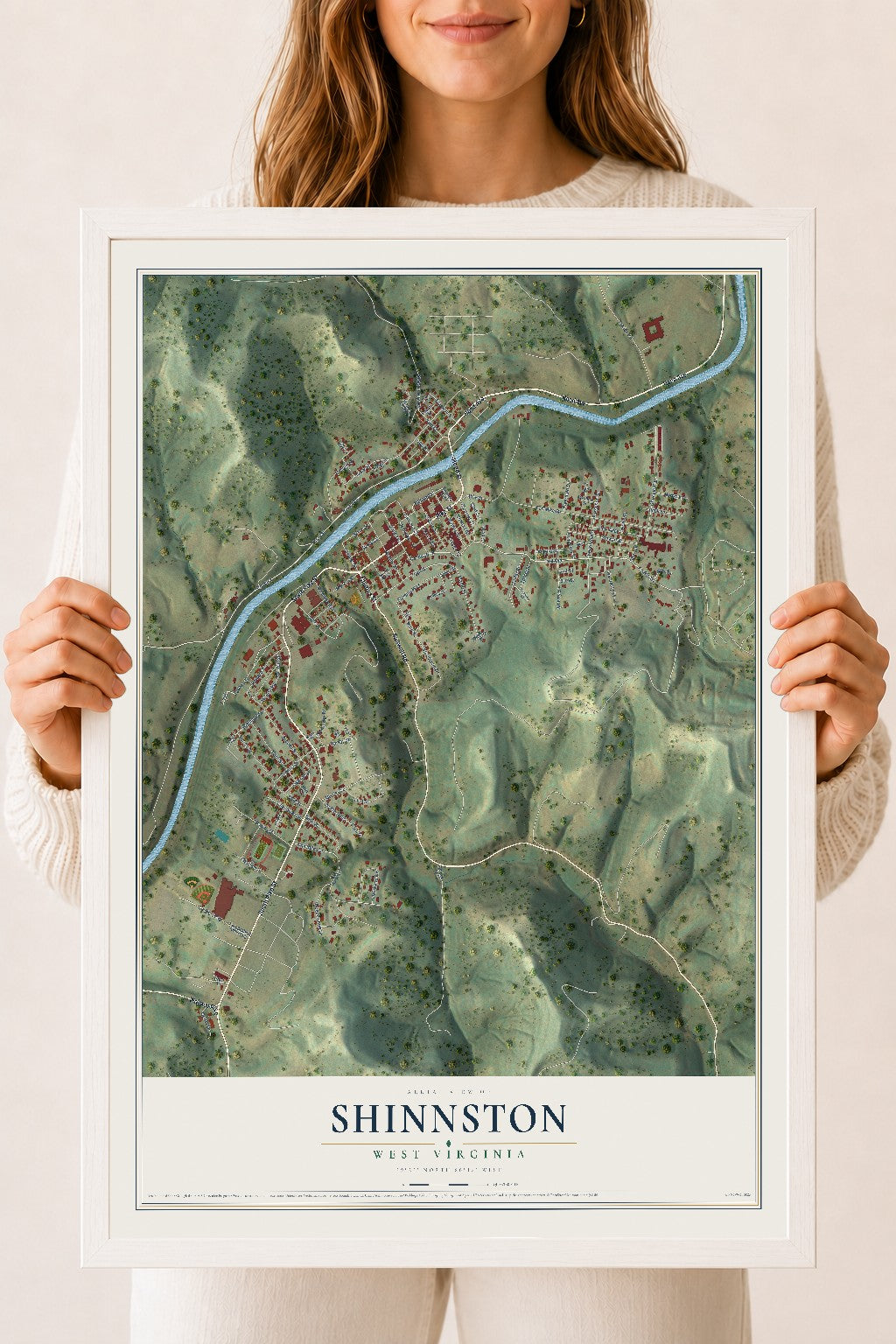 Map of Shinnston, West Virginia, 18 x 24 inch print in a white wood frame