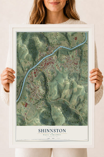 Map of Shinnston, West Virginia, 18 x 24 inch print in a white wood frame