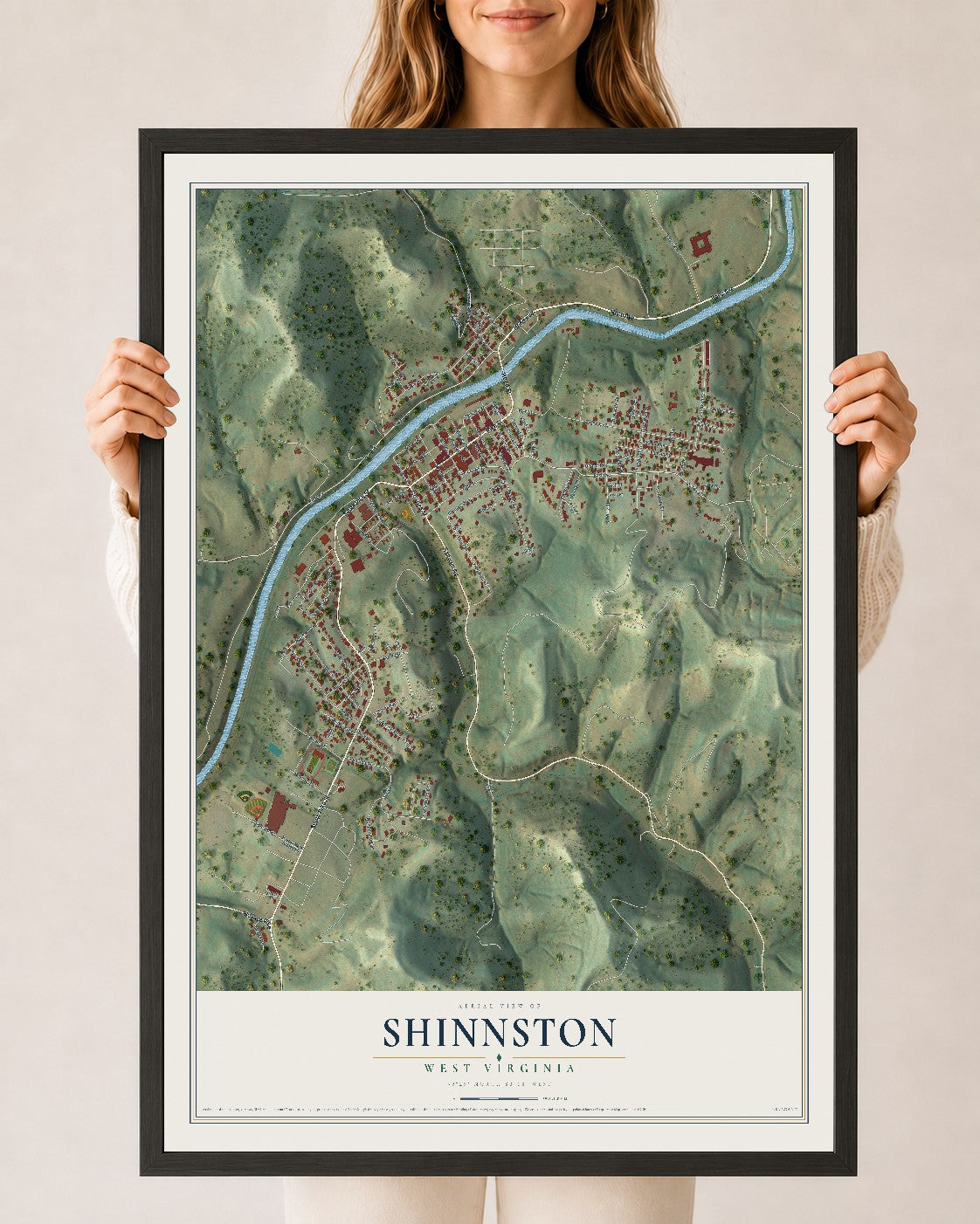 Map of Shinnston, West Virginia, 24 x 36 inch print in a black wood frame