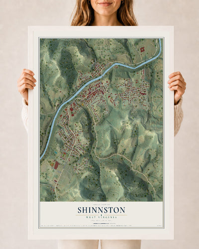 Map of Shinnston, West Virginia, 24 x 36 inch print in a white wood frame