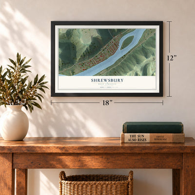 Shrewsbury, West Virginia map, 12 x 18 inch print in a black frame in an entryway