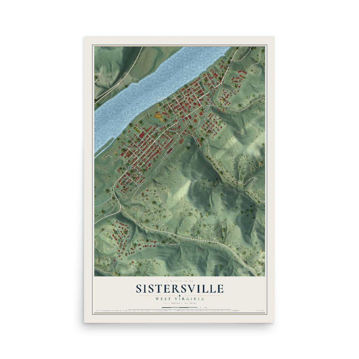 Map of Sistersville, West Virginia, 12 x 18 inch unframed archival matte print