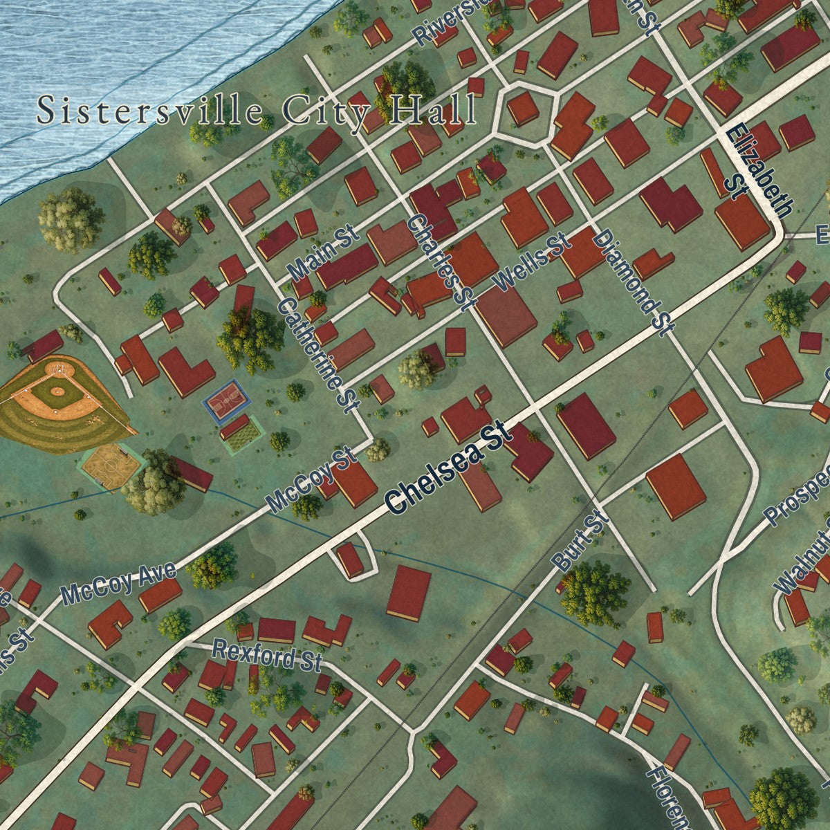 Close-up of the map of Sistersville, West Virginia print showing street and building detail