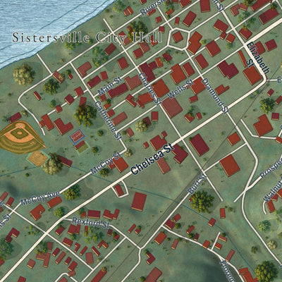 Close-up of the map of Sistersville, West Virginia print showing street and building detail