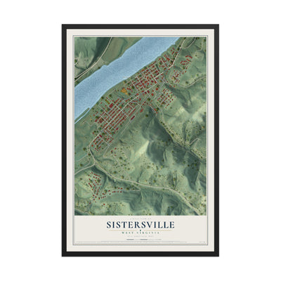 Map of Sistersville, West Virginia, 12 x 18 inch print in a black wood frame
