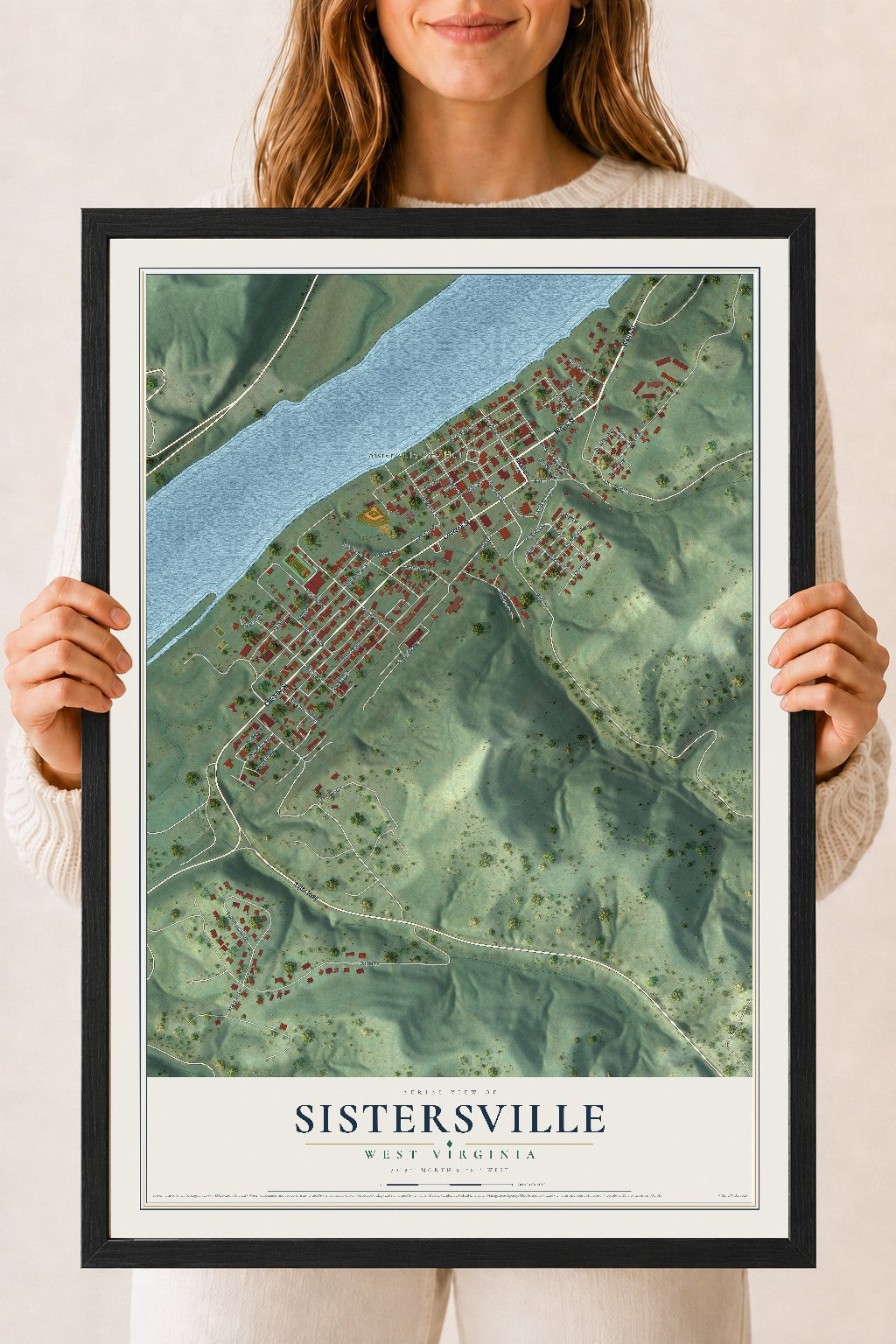 Map of Sistersville, West Virginia, 18 x 24 inch print in a black wood frame
